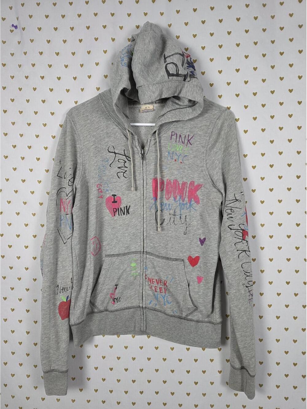 PINK Victoria's Secret NYC Doodle Graffiti Zip Hoodie Heart Graphic L